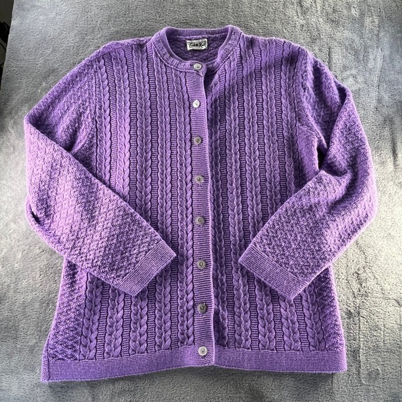 Cuddle Knit Sweaters - Cuddle Knit Vintage M Purple Cable Knit Cardigan Sweater USA Made Grandmacore